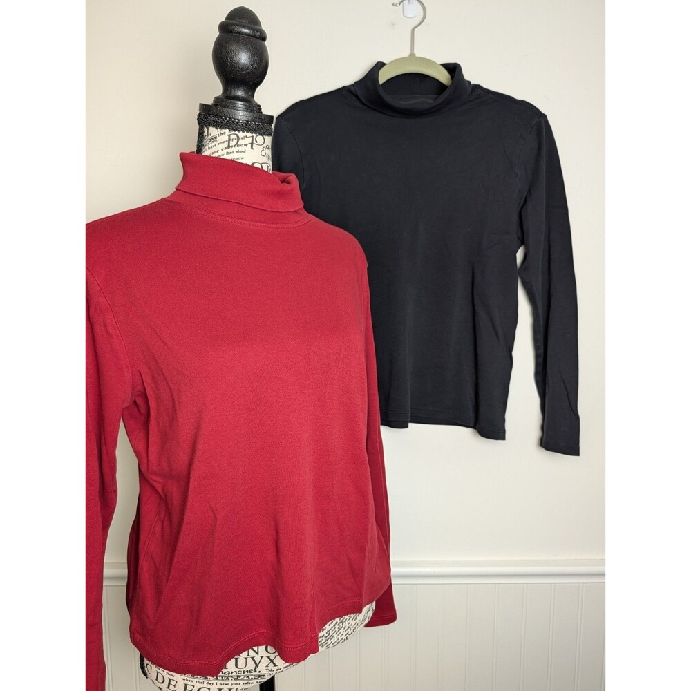 LL Bean Womens Supima Cotton Turtlenecks Medium Black Red Long Sleeve Pair Of 2